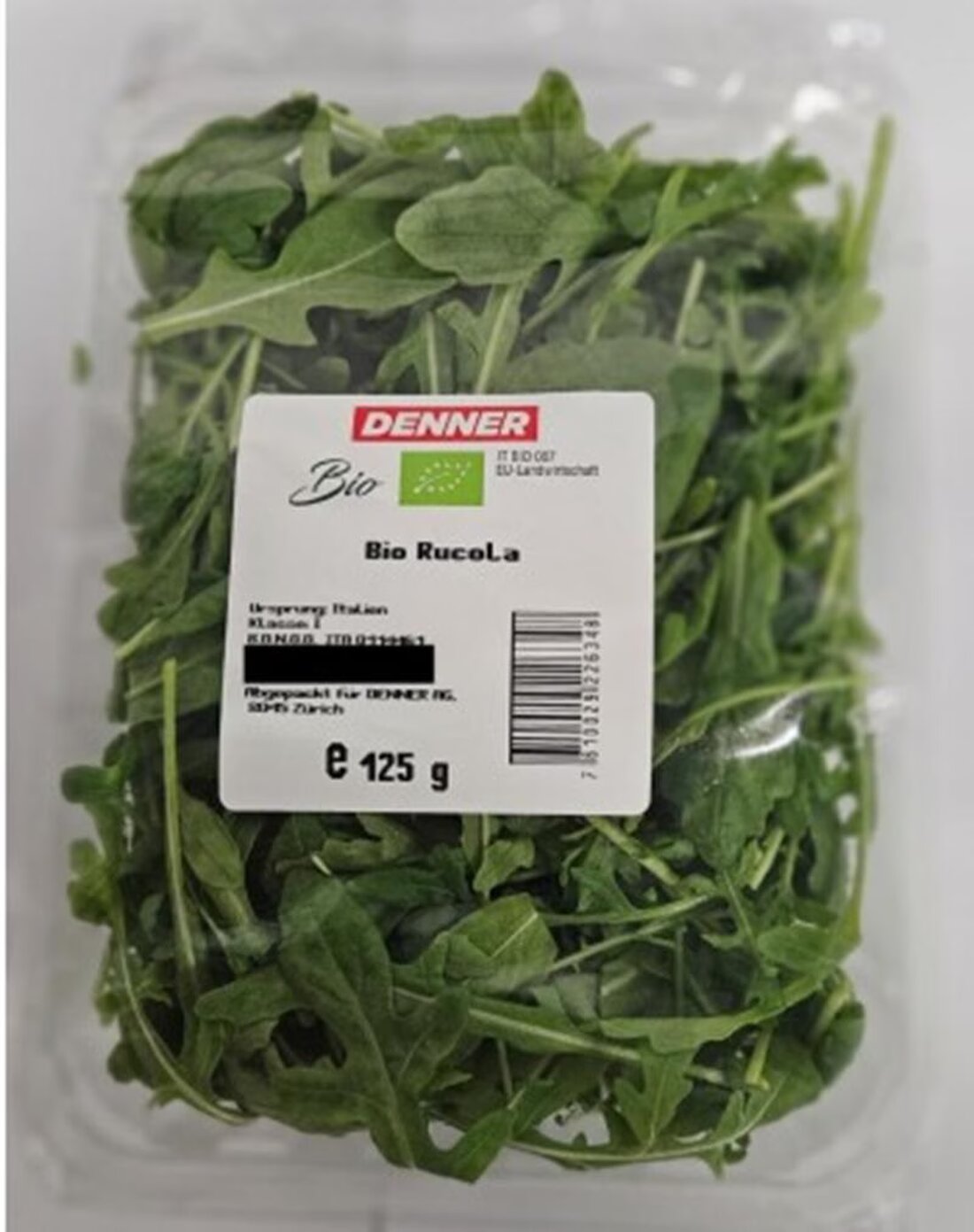 Das BLV warnt vor Salmonellen in Bio Rucola von Denner (125 g, Lot 1901). Betroffene sollten das Produkt nicht konsumieren.