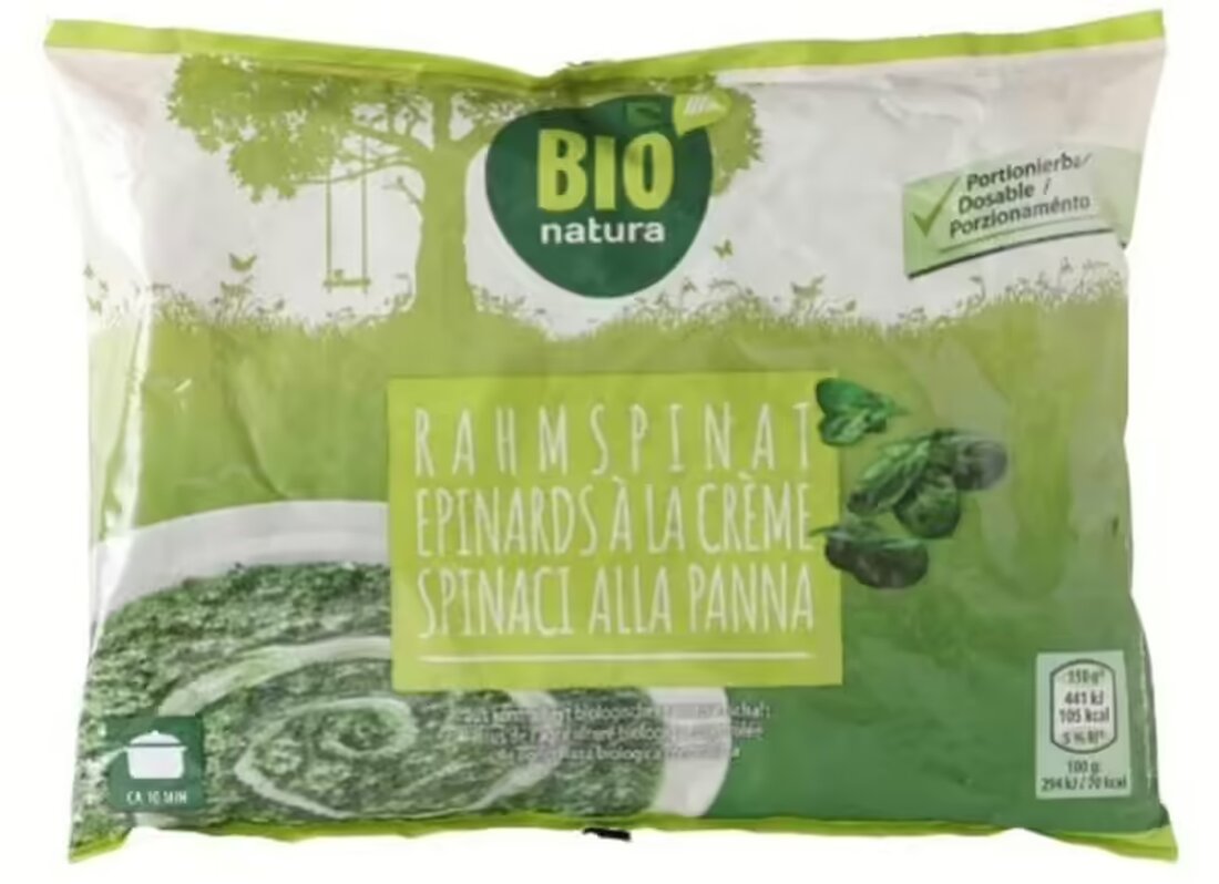 Öffentliche Warnung: Salmonellen in Rahmspinat Bio Natura von Aldi Suisse. Betroffene sollten Produkt nicht konsumieren und bei Symptomen Arzt konsultieren.