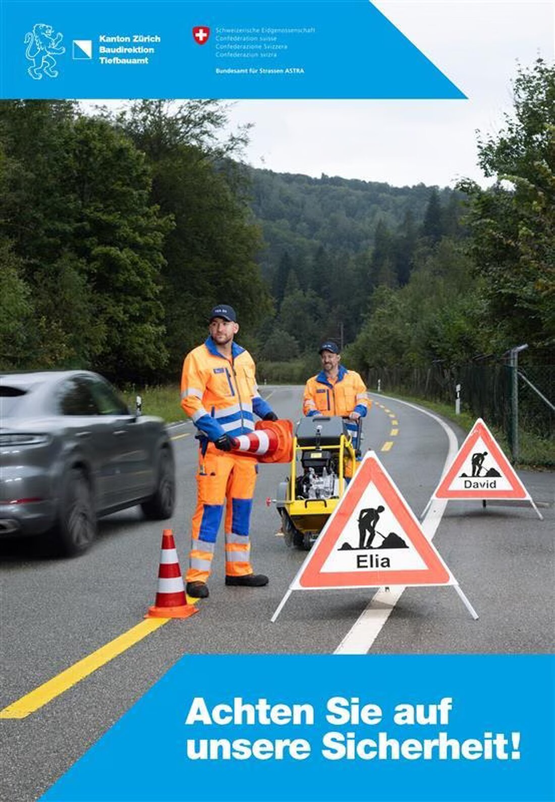 Im Kanton Zürich startet das TBA 2025 die Kampagne «Wir arbeiten für Sie. Achten Sie auf unsere Sicherheit!» zur Sensibilisierung für Bauarbeiter.