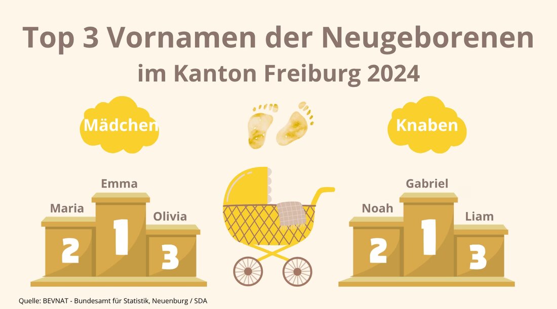 Im Kanton Freiburg waren 2024 die Vornamen Emma und Gabriel bei Neugeborenen besonders favorisiert. Entdecken Sie die beliebtesten Namen!
