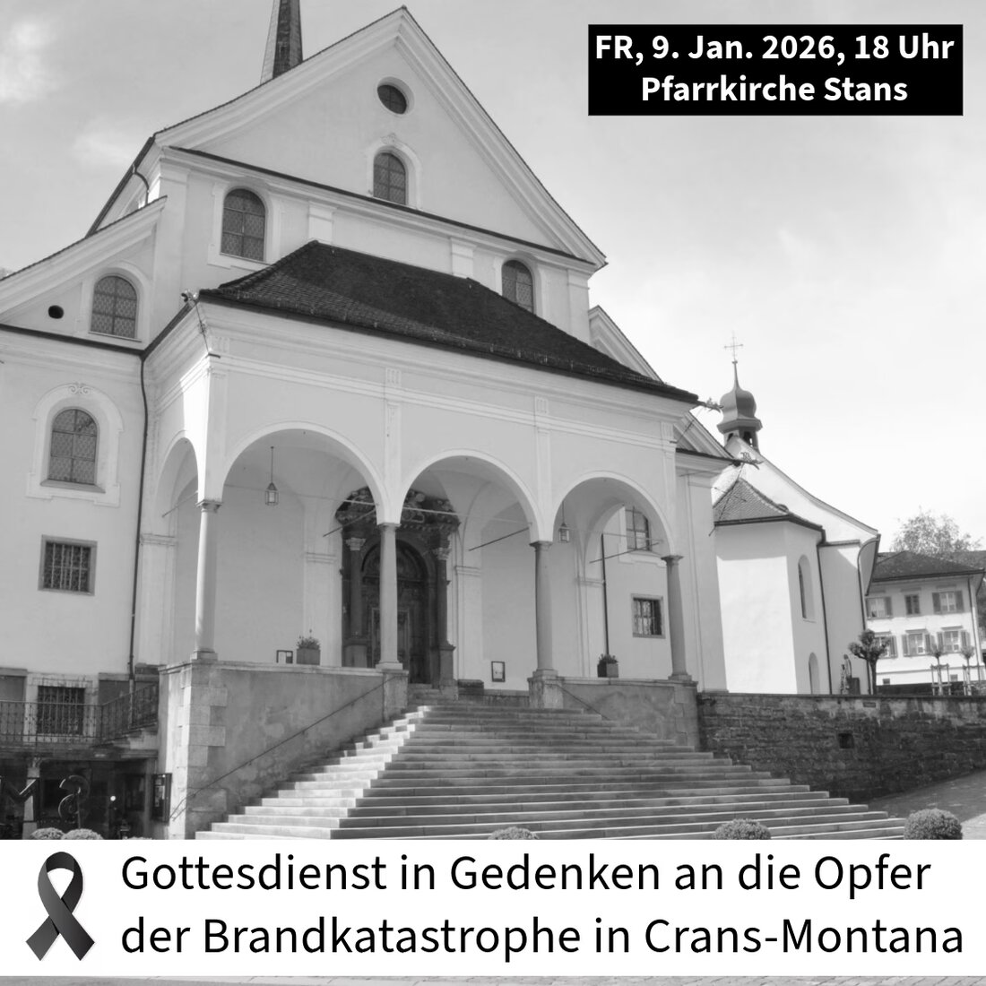 Gedenkgottesdienst am 9. Januar 2026 in Stans für die Opfer der Brandkatastrophe in Crans-Montana. Trost und Solidarität für Betroffene.