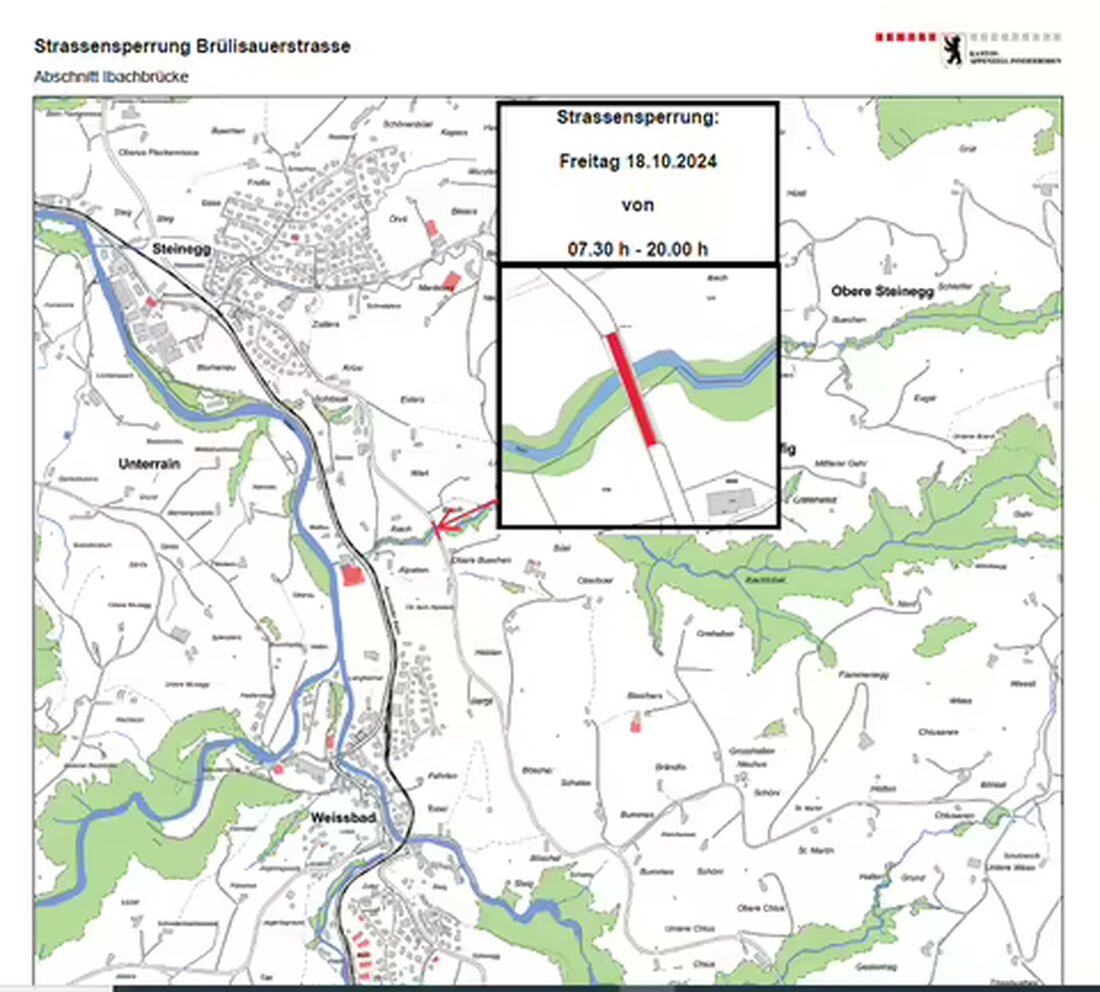 Am Freitag, 18. Oktober 2024, ist die Ibachbrücke aufgrund von Deckbelagsarbeiten für den gesamten Verkehr gesperrt. Umleitungen werden angezeigt.