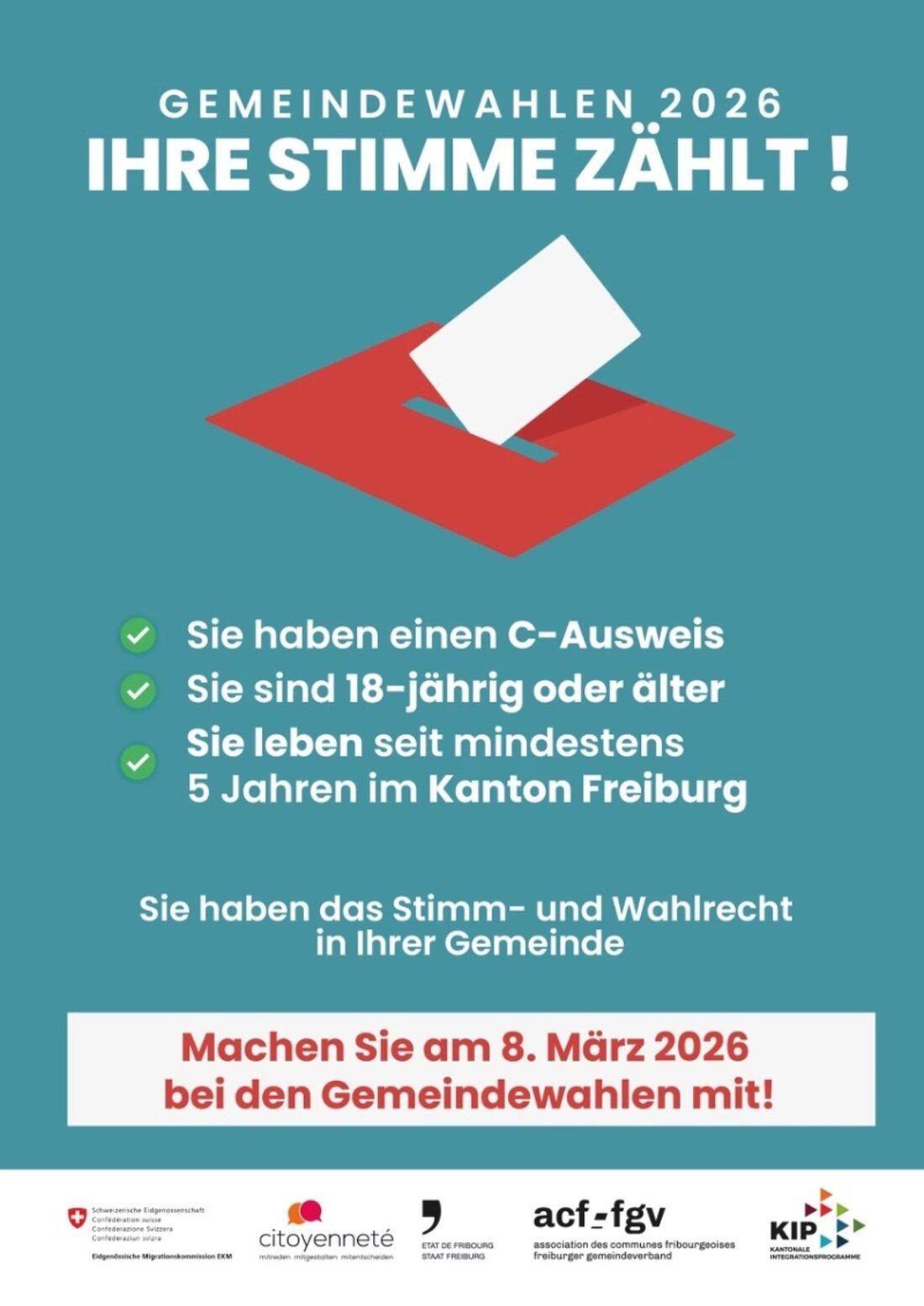Eine Kampagne zur Förderung der Gemeindewahlen 2026 sensibilisiert alle Wahlberechtigten, insbesondere Menschen mit Migrationshintergrund.