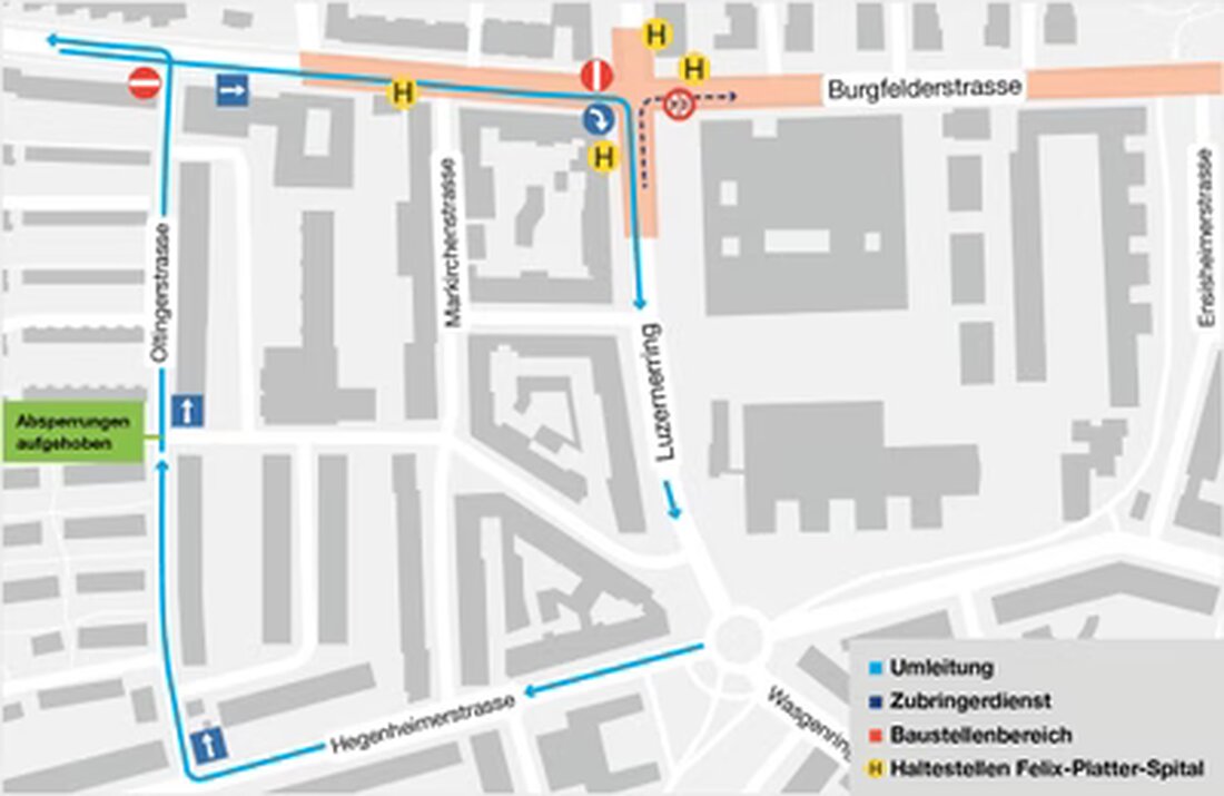 Ab 30. Juni 2025 kommt es in der Burgfelderstrasse zu Verkehrseinschränkungen und Umleitungen aufgrund von Bauarbeiten.