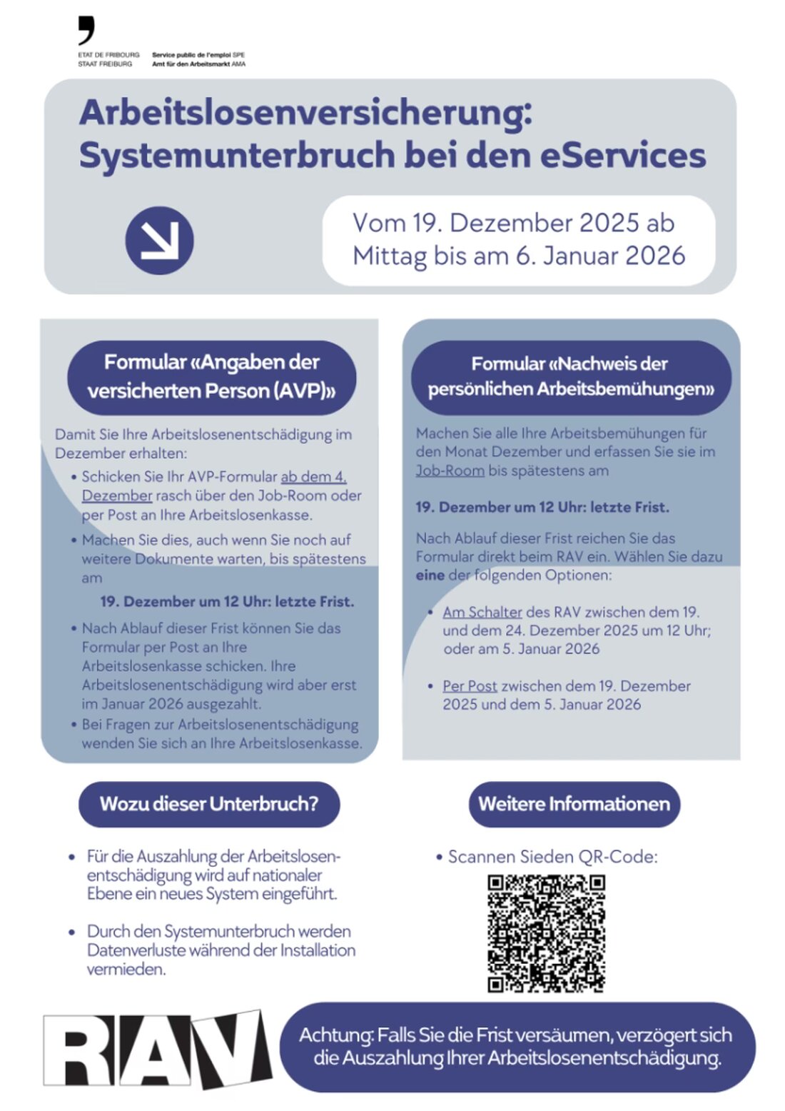 Die eServices der Arbeitslosenversicherung sind vom 19. Dezember 2025 bis zum 6. Januar 2026 ausser Betrieb. Jetzt rechtzeitig handeln!