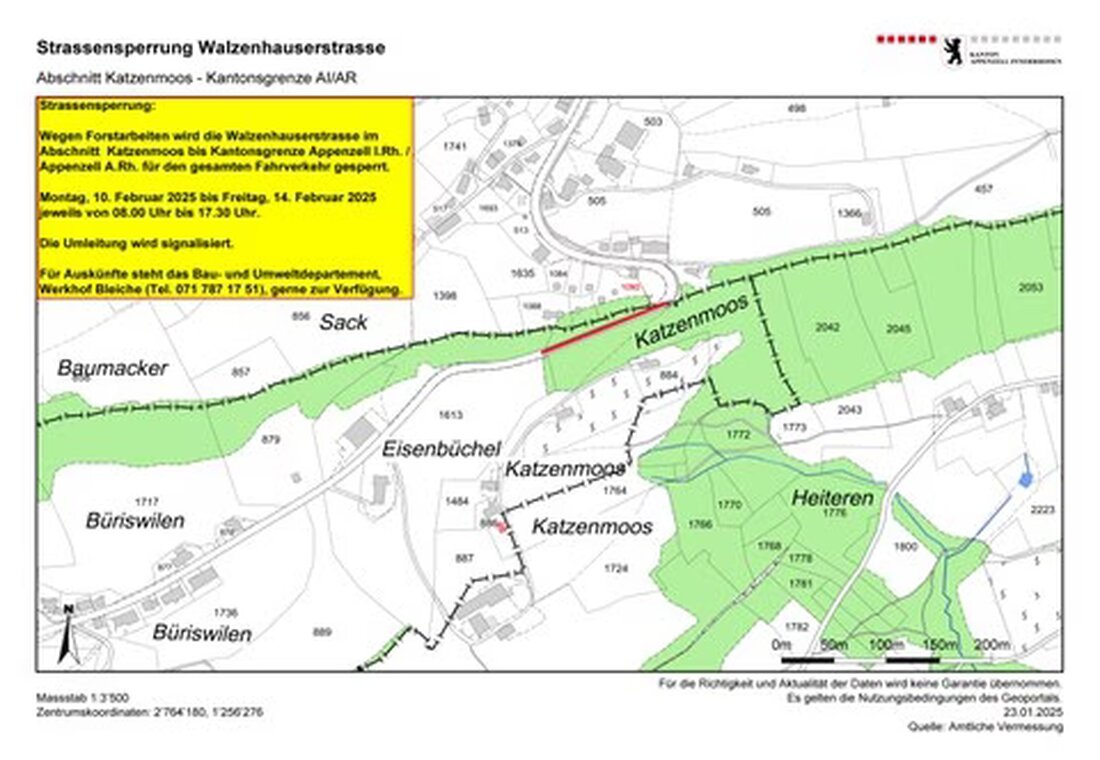 Wegen Forstarbeiten wird die Walzenhauserstrasse vom 10. bis 14. Februar 2025 für den gesamten Verkehr gesperrt. Umleitungen sind signalisiert.