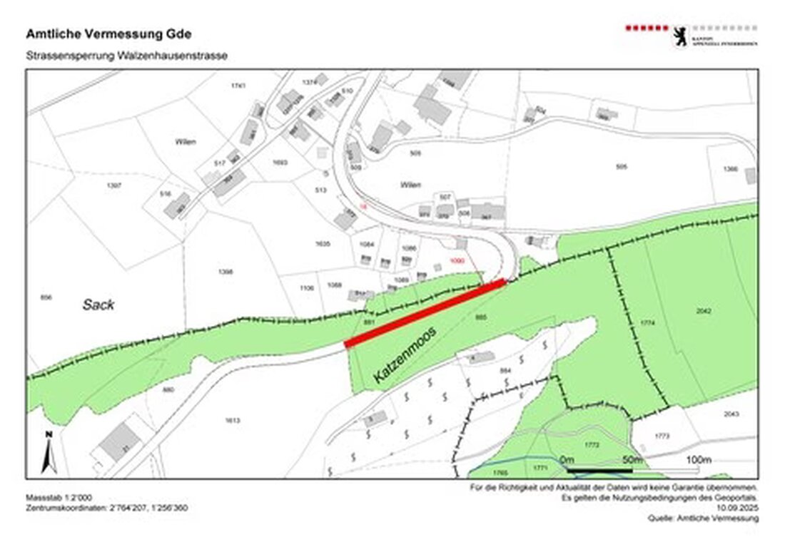 Wegen Belagsarbeiten ist die Walzenhauserstrasse zwischen Katzenmoos und Kantonsgrenze AI/AR vom 11. bis 12. September 2025 gesperrt.